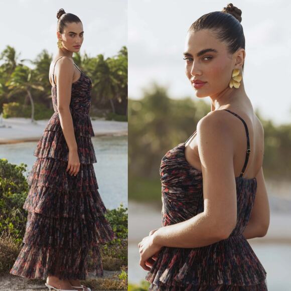 Hutch | NWT Rosey Gown Navy Tropical Garden Tulle Floral Tiered Maxi Dress 0 - Picture 2 of 14